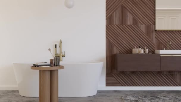 Beautiful Light Modern Bathroom White Color Wooden Texture Bathtub Washbasin — Vídeo de Stock