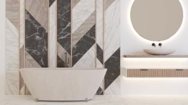 Beautiful, light and modern bathroom. White color and marble texture. Bathtub, washbasin. Home or hotel interior in contemporary style. Luxury bathroom design. Interior design project. 3D rendering