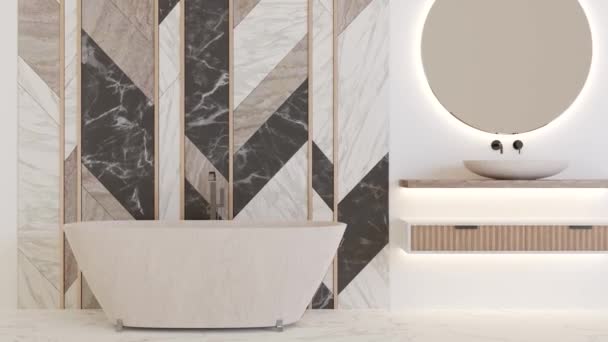 Beautiful Light Modern Bathroom White Color Marble Texture Bathtub Washbasin — Wideo stockowe