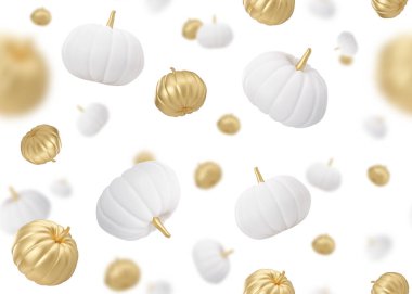 Seamless Halloween pattern. Golden and white Halloween decoration on white background. Pumpkins, happy Halloween. 3D rendering