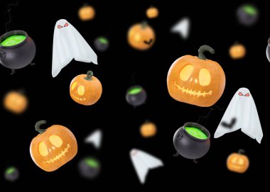 Seamless Halloween pattern. Halloween decoration on black background. Pumpkin, ghost. Scary and spooky wallpaper, trick or treat, happy halloween. 3D rendering