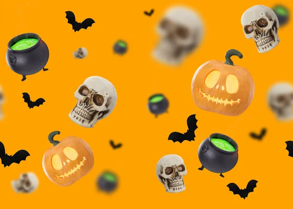 Seamless Halloween Pattern Halloween Decoration Orange Background Pumpkin Bat Skull — Stockfoto
