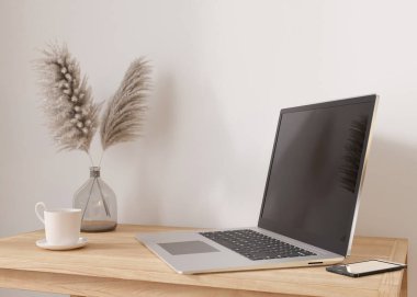 Laptop and smartphone on table at home. Distance education, courses, online training, learning concept. Work from home, working online. Shopping via internet. E-commerce. Modern interior. 3D render