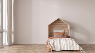 Boho tarzında bir çocuk odası. Modern çocuk odası iç tasarımı, planlama. Tahta yatak, masa, tahta sandalye, gardırop. Çocuklar için rahat bir oda. İç mimar. 3B görüntüleme