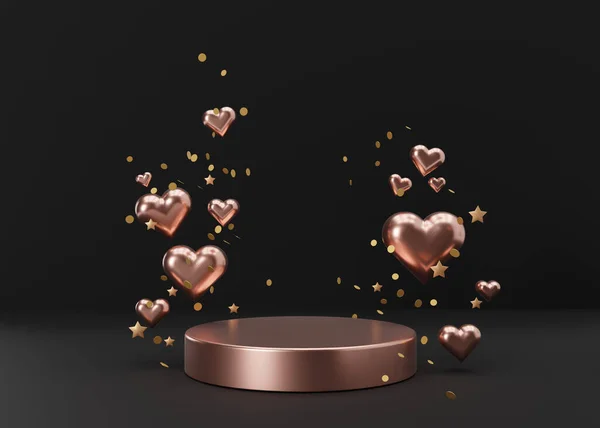 粉色讲台上的红心和星星在黑色的背景上 母亲节 结婚周年纪念日 情人节 美容产品平台 化妆品展示 把它弄坏了3D渲染 — 图库照片