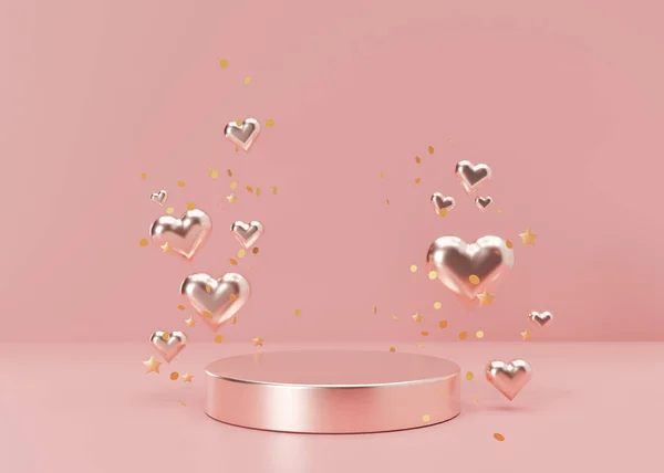 Pink podium with hearts and stars. Womens Day, Mothers Day, Wedding, Anniversary, Valentins Day. Platform for product, cosmetic presentation. Mock up. Pedestal for beauty products. 3D rendering