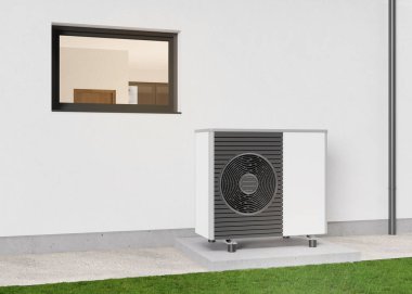 Air heat pump standing outdoors. Modern, environmentally friendly heating. Save your money with air pump. Air source heat pumps are efficient and renewable source of energy. 3d rendering