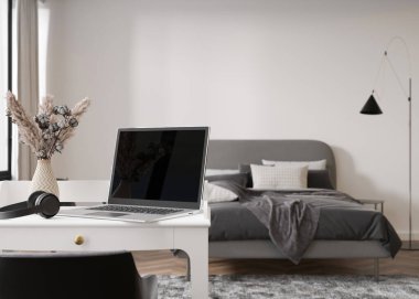 Laptop ve kulaklıklar evdeki masada. Uzaklık eğitimi, kurslar, online eğitim, öğrenme konsepti. Evden çalışıyorum, internetten çalışıyorum. İnternetten alışveriş. E-ticaret. Modern iç mekan. 3 Boyutlu Hazırlama