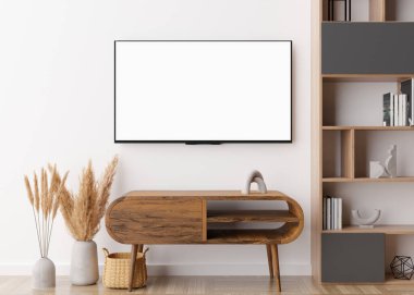 LED TV, boş beyaz ekranlı, evdeki duvarda asılı. Televizyon maketi. Reklam, film, uygulama sunumu için yer kopyala. Boş televizyon ekranı tasarımınız için hazır. Modern iç mekan. 3 Boyutlu Hazırlama