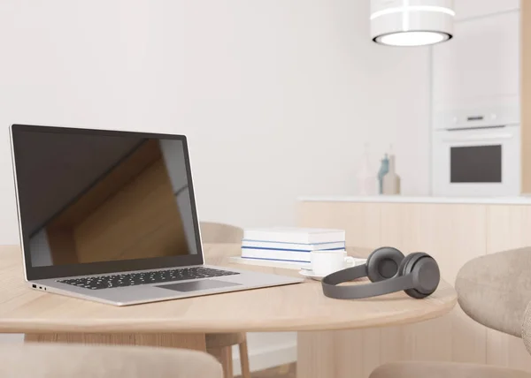 Laptop and headphones on table at home. Distance education, courses, online training, learning concept. Work from home, working online. Shopping via internet. E-commerce. Modern interior. 3D render