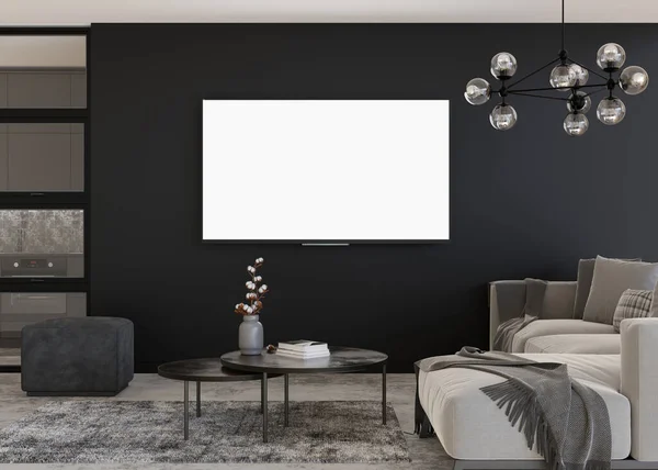 Led电视上有空白的白屏 挂在墙上 电视模拟了 应用程序演示的复制空间 空的电视屏幕准备好您的设计 现代的内部 3D渲染 — 图库照片