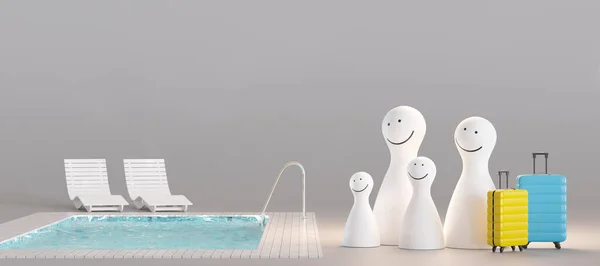 Glückliche Familienmitglieder Mit Koffern Und Swimmingpool Auf Grauem Hintergrund Urlaub — Stockfoto