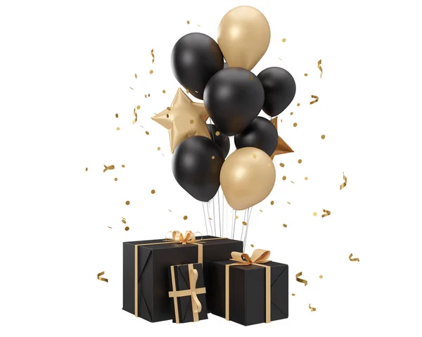 Golden and black balloons and presents isolated on white background. Black friday, birthday, celebration, element for event card. Cut out. Modern design. 3d rendering