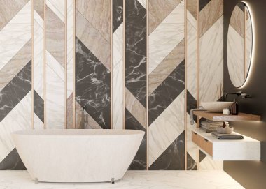 Güzel, aydınlık ve modern banyo. Beyaz, siyah renkli ve mermer desenli. Küvet, lavabo. Çağdaş tarzda iç mekan. Lüks banyo tasarımı. İç tasarım projesi. Otelde. 3 Boyutlu Hazırlama