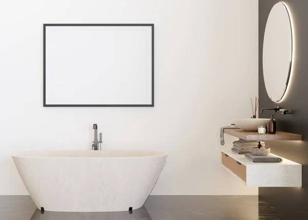 Empty horizontal picture frame on white wall in modern and luxury bathroom. Mock up interior in contemporary style. Free, copy space for your picture, poster, artwork. Bath, washbasin. 3D rendering