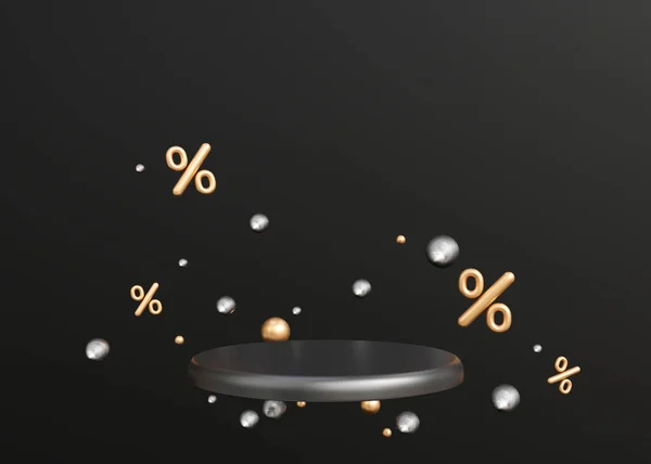 Black podium with golden and silver spheres and discount signs. Black friday sale. Special offer, good price, deal, shopping. Scene for product, cosmetic presentation. Mock up, stage. 3D rendering