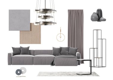 İzole edilmiş modern oturma odası mobilyaları, ev aksesuarları, malzemeler. Mobilya mağazası, kapalı mekan detayları. İç proje. Çağdaş moda tahtası, kolaj. 3d hazırlayıcı
