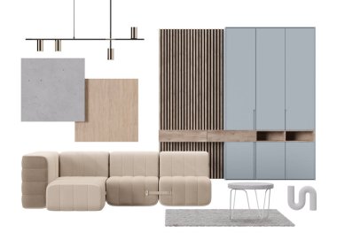 İzole edilmiş modern oturma odası mobilyaları, ev aksesuarları, malzemeler. Mobilya mağazası, kapalı mekan detayları. İç proje. Çağdaş moda tahtası, kolaj. 3d hazırlayıcı