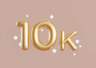 Bej arka planda yıldızlı 10.000 takipçi kartı. Sosyal ağ için afiş, blog. 10 bin takipçi ya da kutlama sever. Sosyal medya başarı afişi. On bin abone. 3d hazırlayıcı