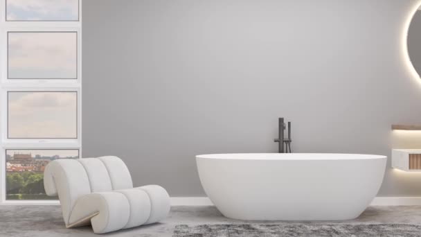 Hermoso Luminoso Moderno Baño Color Blanco Gris Bañera Lavabo Interior — Vídeo de stock