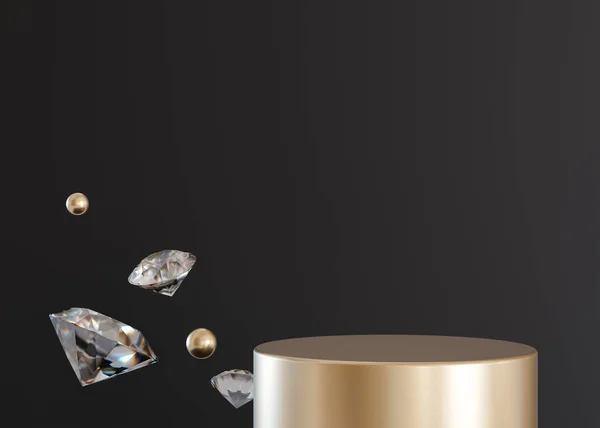 Золотой Подиум Бриллиантами Золотыми Шарами Черном Фоне Макет Продукта Косметическая — стоковое фото