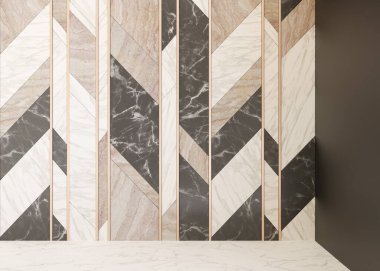 Boş oda, beyaz zemin ve mermer duvar dekorları. Sadece duvar ve zemin. İç mekan gibi. Bedava, mobilyalarınız, dekorasyonunuz ve diğer eşyalar için yer kopyalayın. 3B görüntüleme