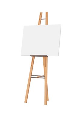 Ahşap sehpada boş, beyaz arka planda izole edilmiş yatay tuval. Bedava, resmin için kopyalama alanı. Sanat eseri sunumu. Tuvaller maket yapar. Nesneyi kes. 3B görüntüleme