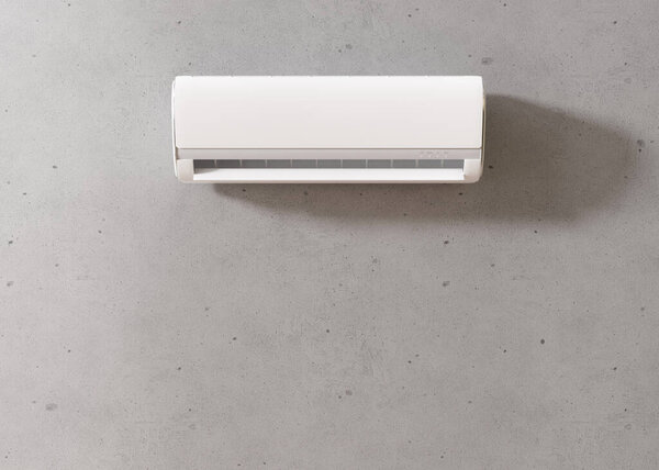 Modern air conditioner hanging on the wall in room. Cooling product for hot climate in summer. Machine which keeps the air in a building cool and dry. Copy space for your text. 3D rendering