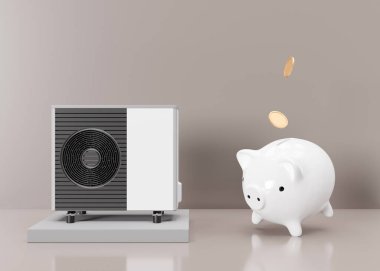 Air heat pump and piggy bank with falling coins on beige background. Modern, environmentally friendly heating. Save your money with air source heat pump. Copy space for text, advertising. 3d render clipart