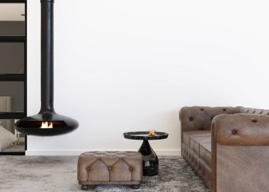 Modern oturma odasındaki boş gri duvar. İç dekorasyonu çağdaş tarzda yapın. Resim için uzayı kopyala, poster. Sanat eseri şablonu. Kahverengi deri kanepe, beton zemin. Deri mobilyalar. 3 Boyutlu Hazırlama