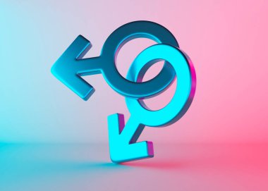 Neon ışıklı iki erkek seks sembolü. Mars erkekler için bir sembol. Cinsiyet işareti. Alternatif aşk, LGBT topluluğu. Eşcinsel çift, ilişki. Çeşitlilik, homoseksüellik, eşit evlilik. 3B görüntüleme