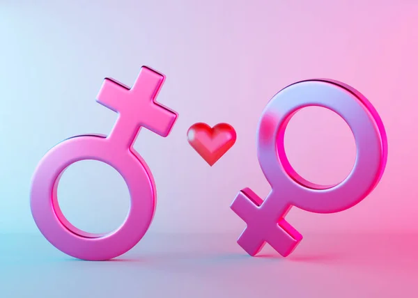 两个女性的性符号与心脏和霓虹灯 金星是女性的象征 性别标志 Lgbt社区 同性恋夫妇 多样性 同性恋 平等婚姻 3D渲染 — 图库照片