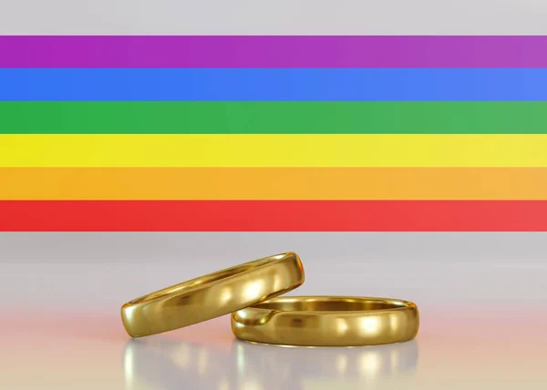 两个金婚戒指和彩虹Lgbt旗 同性婚姻平等 Lgbt群体 包括女同性恋者 男同性恋者 双性恋者和变性者 多样性 同性恋 Lgbt权利 3D渲染 — 图库照片