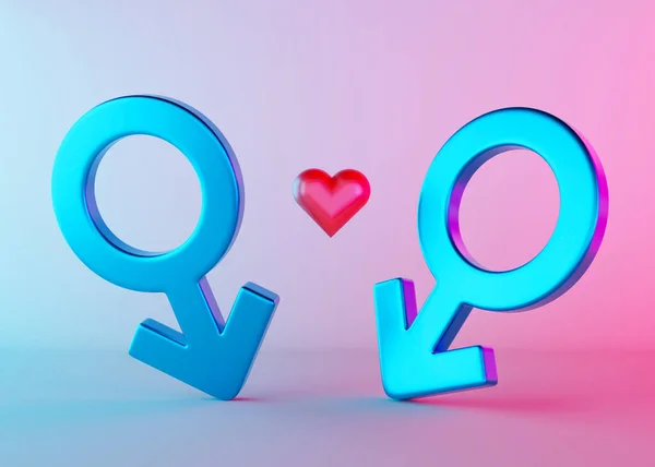 两个有心脏和霓虹灯的男性象征 火星是男人的象征性别标志 另类爱情 Lgbt社区 同性恋夫妇 多样性 同性恋 平等婚姻 3D渲染 — 图库照片