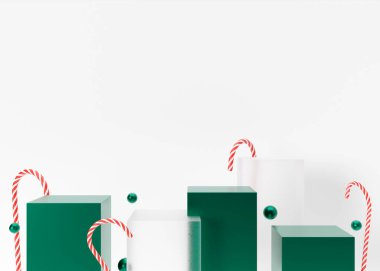 Beyaz arka planda Noel süslemeleri olan yeşil ve şeffaf podyumlar. Xmas kompozisyonu. Ürün için şık bir sahne, kozmetik sunumu. Model yap. Güzellik ürünleri için sahne. 3B görüntüleme
