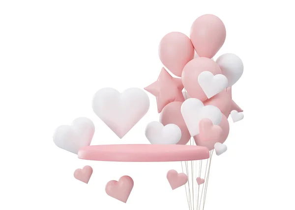 Pink Podium Hearts Balloons Flying Air Isolated White Background Valentines — Stock Photo, Image