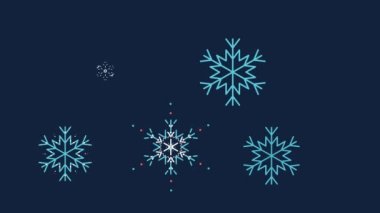 Koyu mavi gökyüzünün arka planında hareket eden beyaz ve mavi kar taneleri belirir ve kaybolur. Şenlikli Noel ve Yeni Yıl animasyonu