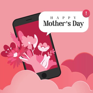 Pembe Çiçekler ve Bulutlarla Anneler Günü Vektör İllüstrasyonu