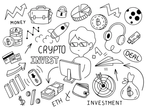 Bitcoin kripto yatırım karalama vektör çizimi. Büyüme grafiği, bitcoin roketi, çizelgesi, aya kadar, anlaşma, ethereum, boğalar ve ayılar, pazar, bitcoin, kripto yatırımcısı ve diğerleri.