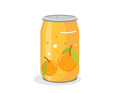 Hafif içecek, pembe çizgi film tenekesi. Soda içilen alüminyum teneke kutunun vektör çizimi. Üzerinde sulu portakallar ve renkli noktalar var. İzole edilmiş, 10 kişi.