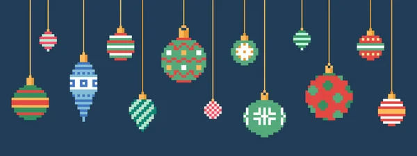 Pixel sanat Noel süsleri seti. Vektör 8 bit stil Noel süslemeleri koleksiyonu. Retro video oyunu bilgisayar grafiğinin izole ögeleri.