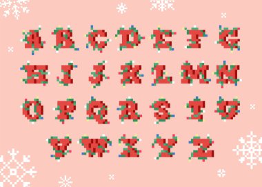 Pixel Sanat Noel alfabesi yazı tipi. Mutlu Noeller ve mutlu yeni yıl dekorasyonu için 8 bit stil retro tipi. Yılbaşı ışıklarına sarılı kırmızı vintage yazı tipi. Ayrı mektuplar..