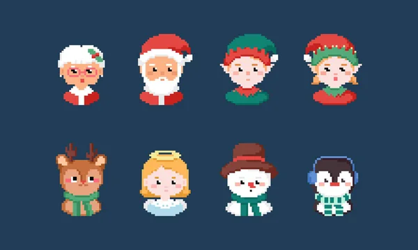 Pixel Sanat Eserleri Noel Karakterleri Simgesi Seti Noel Baba Geyik — Stok Vektör