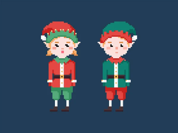 Pixel Art Santa Elves Set Illustrazioni Elfo Personaggio Maschile Femminile — Vettoriale Stock