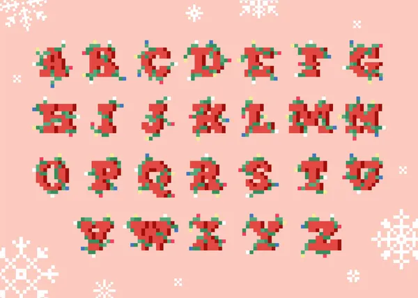 Pixel Sanat Noel alfabesi yazı tipi. Mutlu Noeller ve mutlu yeni yıl dekorasyonu için 8 bit stil retro tipi. Yılbaşı ışıklarına sarılı kırmızı vintage yazı tipi. Ayrı mektuplar..