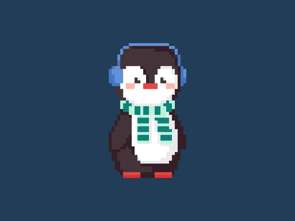皮克索艺术全身上下企鹅在围巾和温暖的耳朵 病媒8位风格复现的冬季动物图解 用于电子游戏 贴纸或装饰的孤立的冬季企鹅角色 — 图库矢量图片