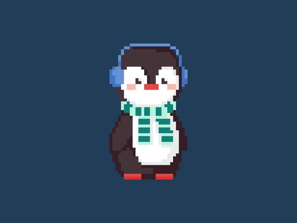 Eşarplı ve sıcak kulaklı bir penguen. Vektör 8 bit stili, kış hayvanının eski hali. Video oyunu, çıkartma veya dekorasyon için izole edilmiş kış pengueni karakteri.