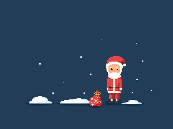 ピクセルアートメリークリスマスとかわいいサンタクロース 雪のドリフトや雪のフレークと幸せな新年2021グリーティングカード 休日のためのサンタクロースの文字と8ビットスタイルの背景 ベクトルピクセル冬 — ストックベクタ