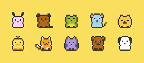 Piksel Sanat Hayvanı Koleksiyonu. 8 bit geçmişe dönük tavşan, ayı, kurbağa, fare, tavuk, kedi, ördek, tilki, baykuş, köpek çizimleri. Mobil oyun tasarımı, dekorasyon ve çıkartmalar için en iyisi.
