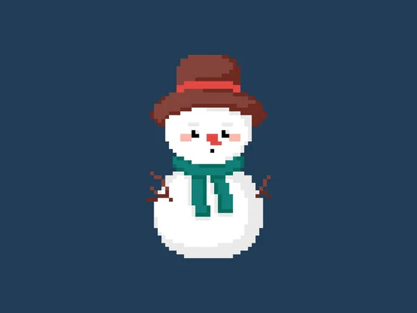 皮克索艺术全身雪人在围巾和帽子 矢量8位风格复古插图冬季可爱的雪人 用于电子游戏 贴纸或装饰的独立可爱雪人角色 — 图库矢量图片